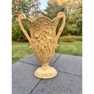 Vintage Italian Cherub Urn Pedestal Vase With Handles Ivory Color 13x9x5”